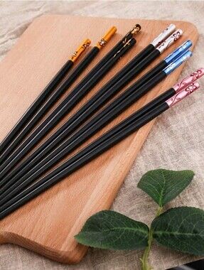 Black Chopsticks Reusable with Colorful Floral Tips - Set of 5 Pairs